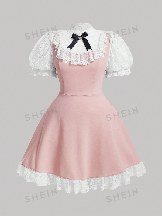 Patchwork Bubble Sleeve Dress With Bow Decorations